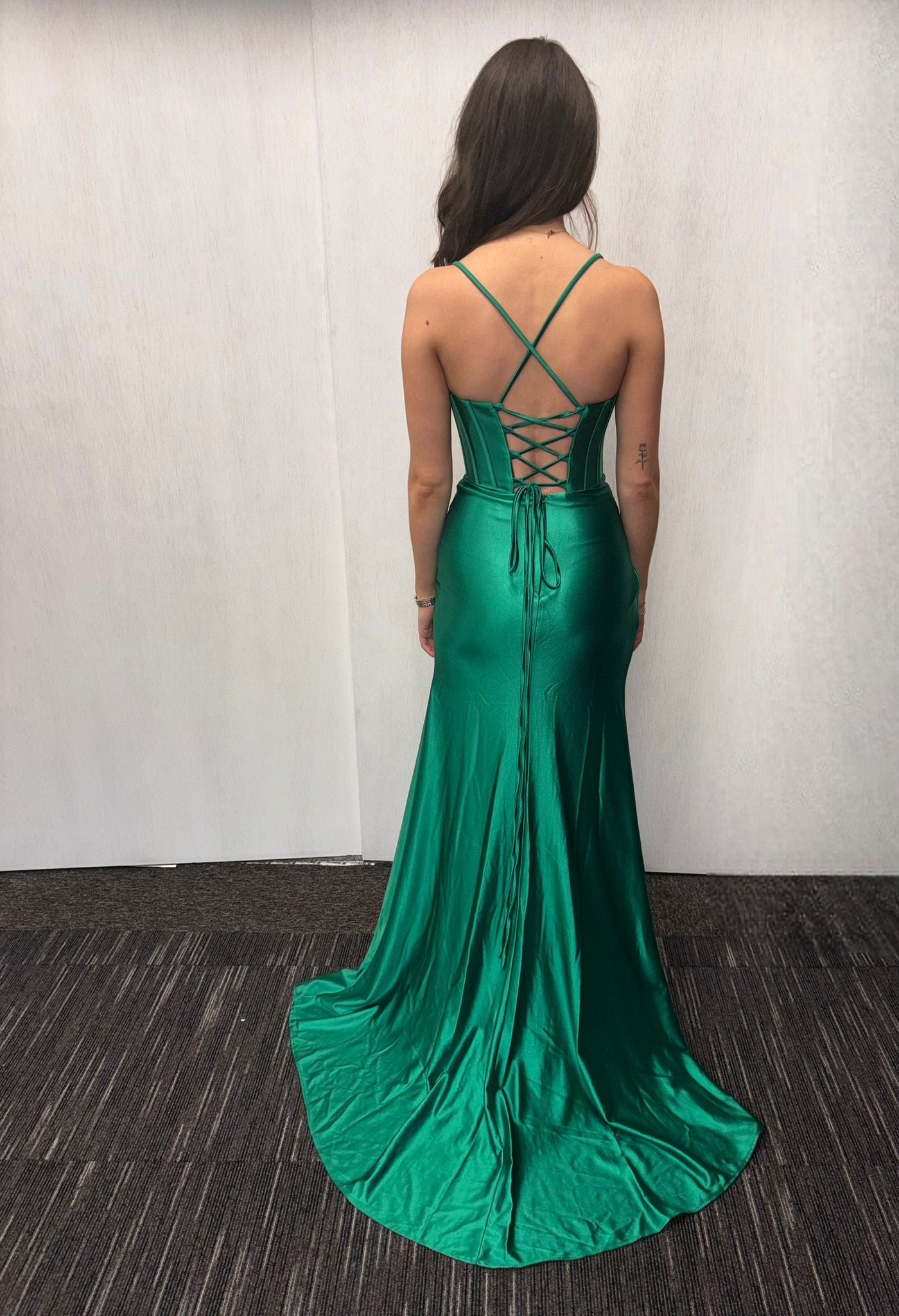 GREEN SATIN CORSET GOWN WITH SLIT