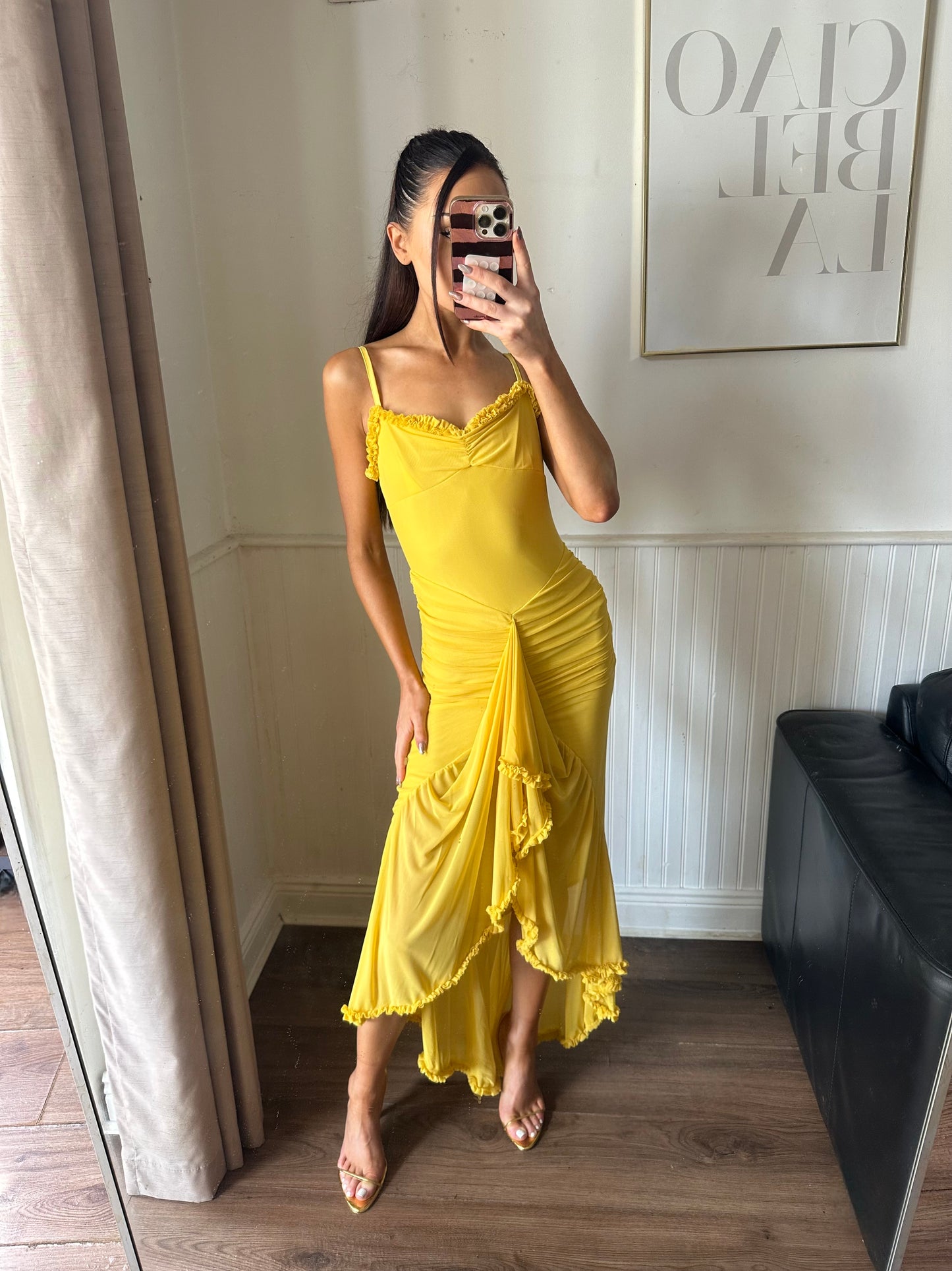 YELLOW RUFFLE MESH DRESS