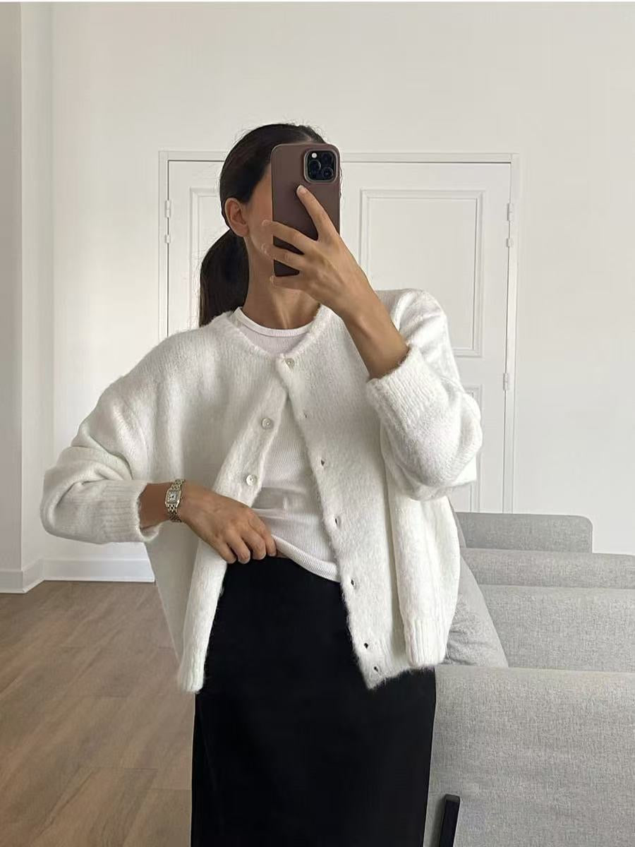 CREAM OVERSIZED PEARL BUTTON UP CARDIGAN
