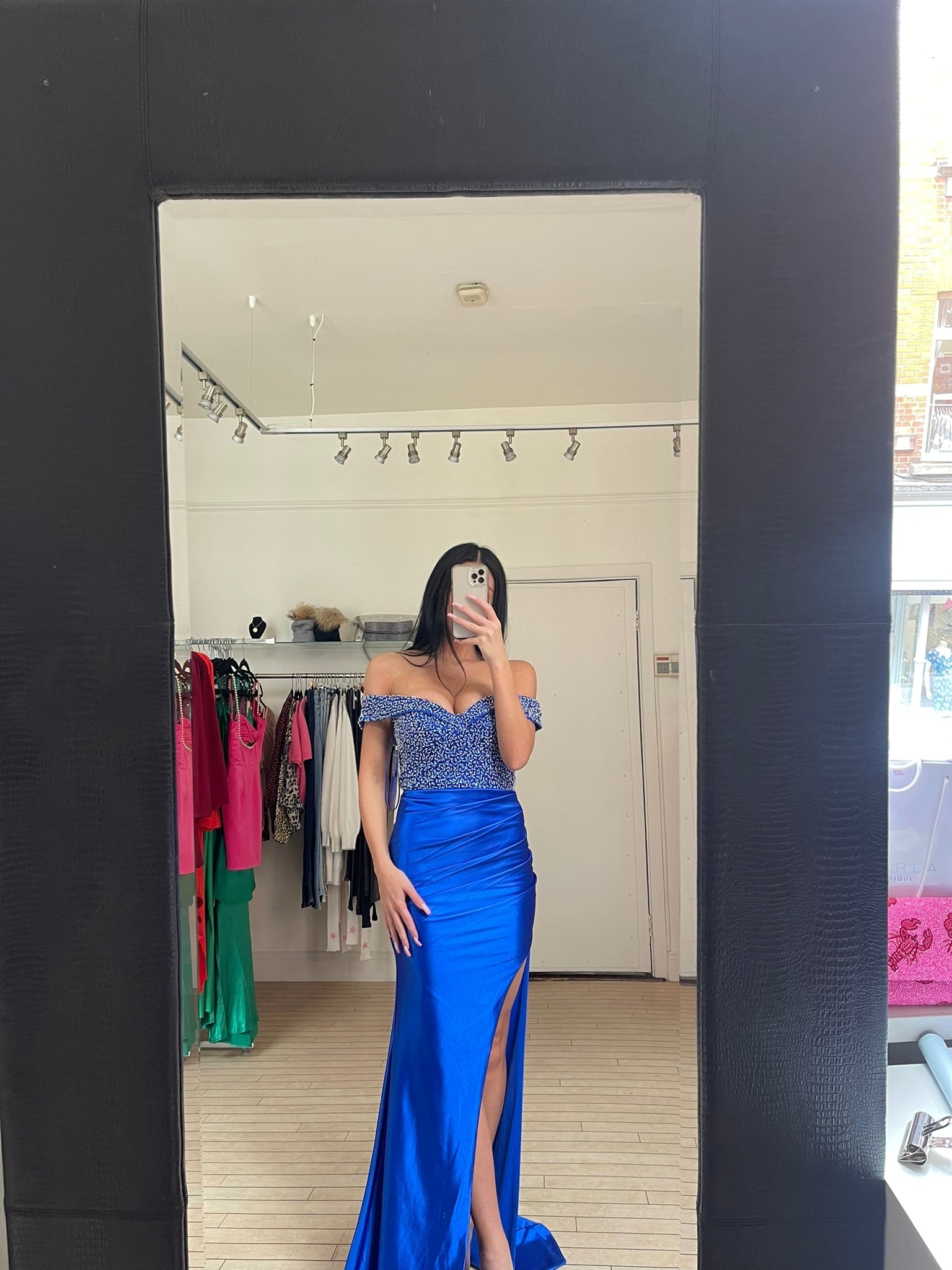 BLUE BARDOT GOWN WITH EMBESSLISHED BODICE Starla Boutique