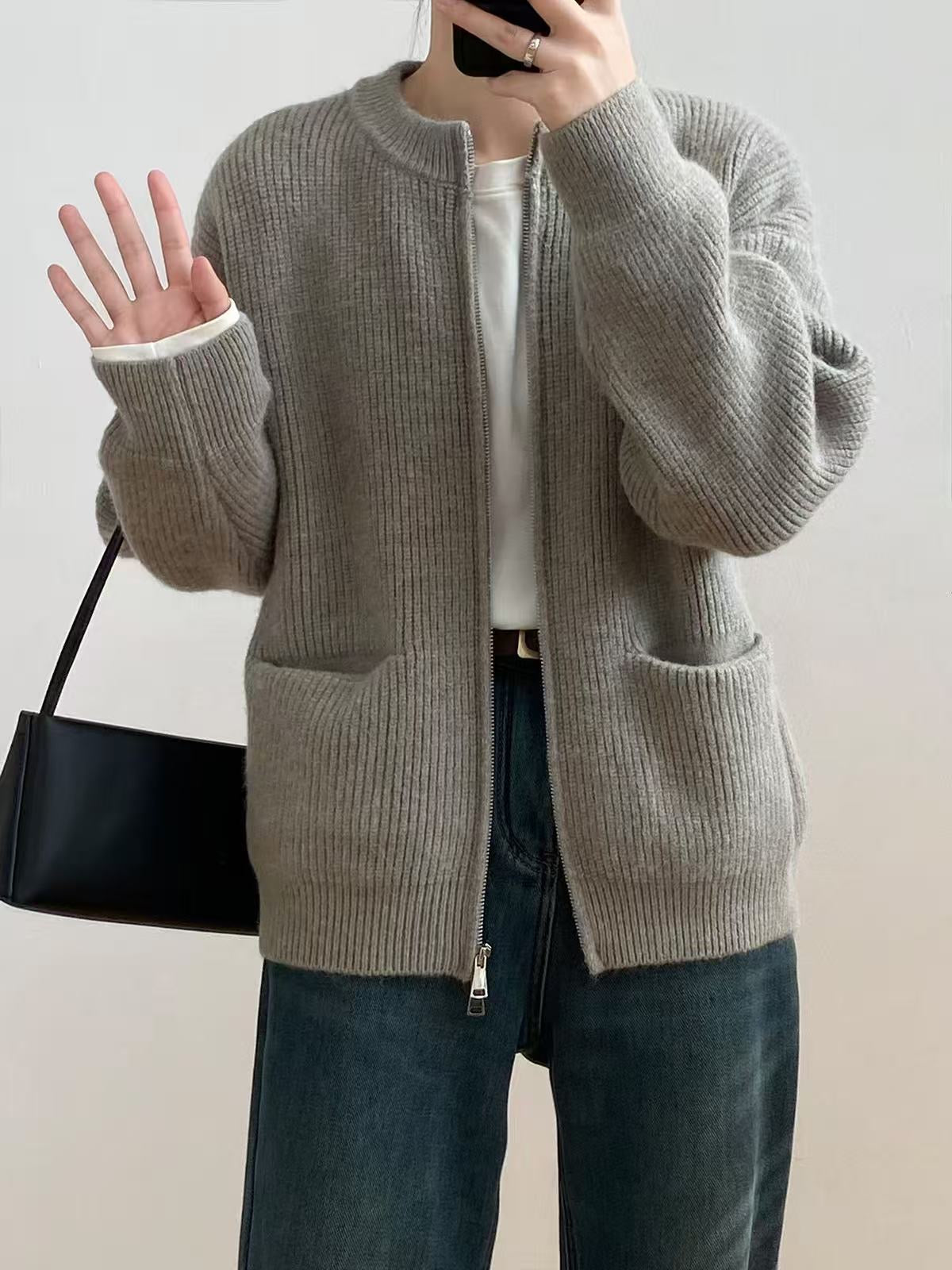 DOUBLE ZIP CARDIGAN GREY -PRE ORDER END OF SEPTEMBER