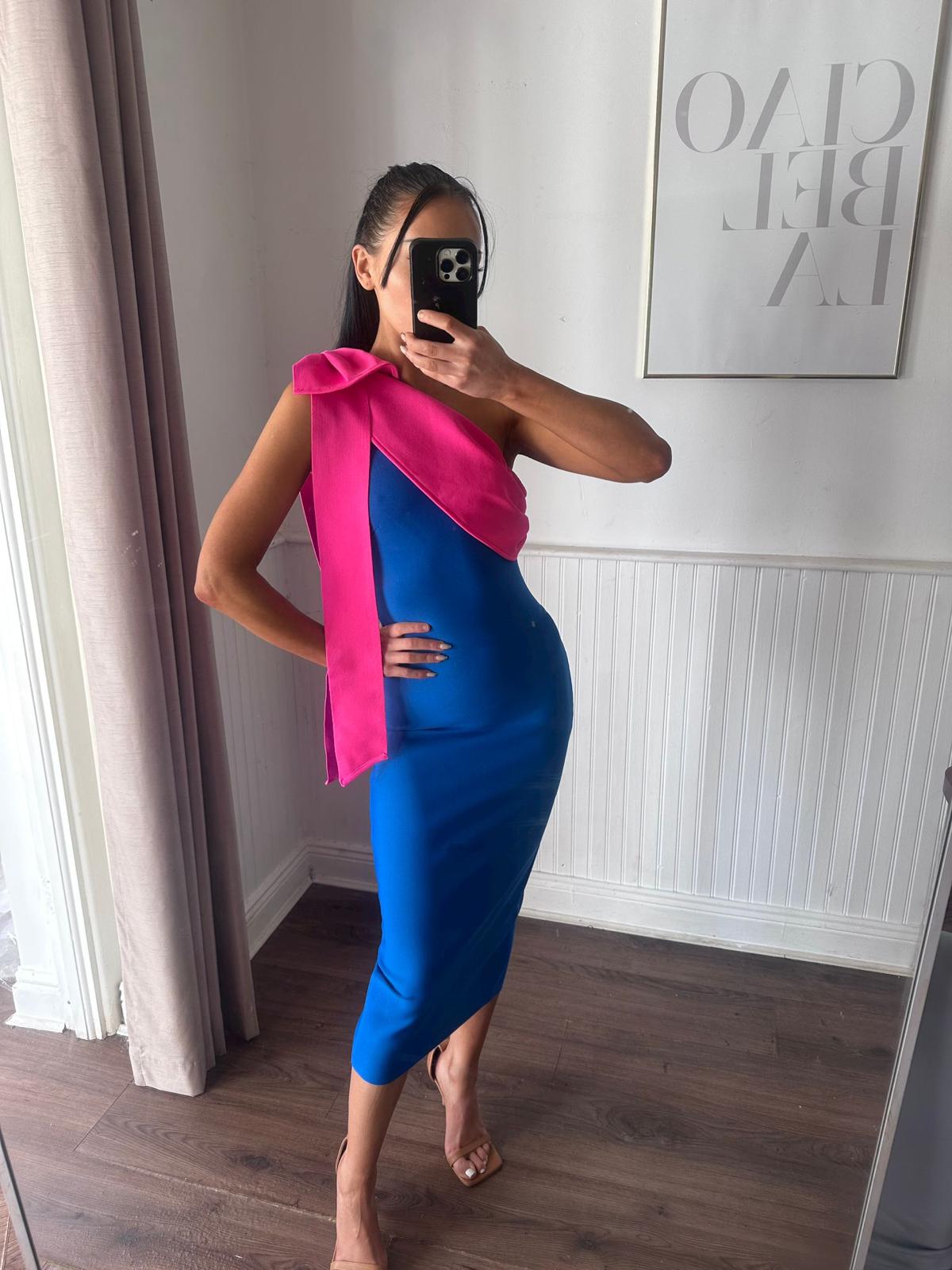 PINK DRAPED BOW & BLUE BANDAGE DRESS PINK DRAPED BOW & BLUE BANDAGE DRESS