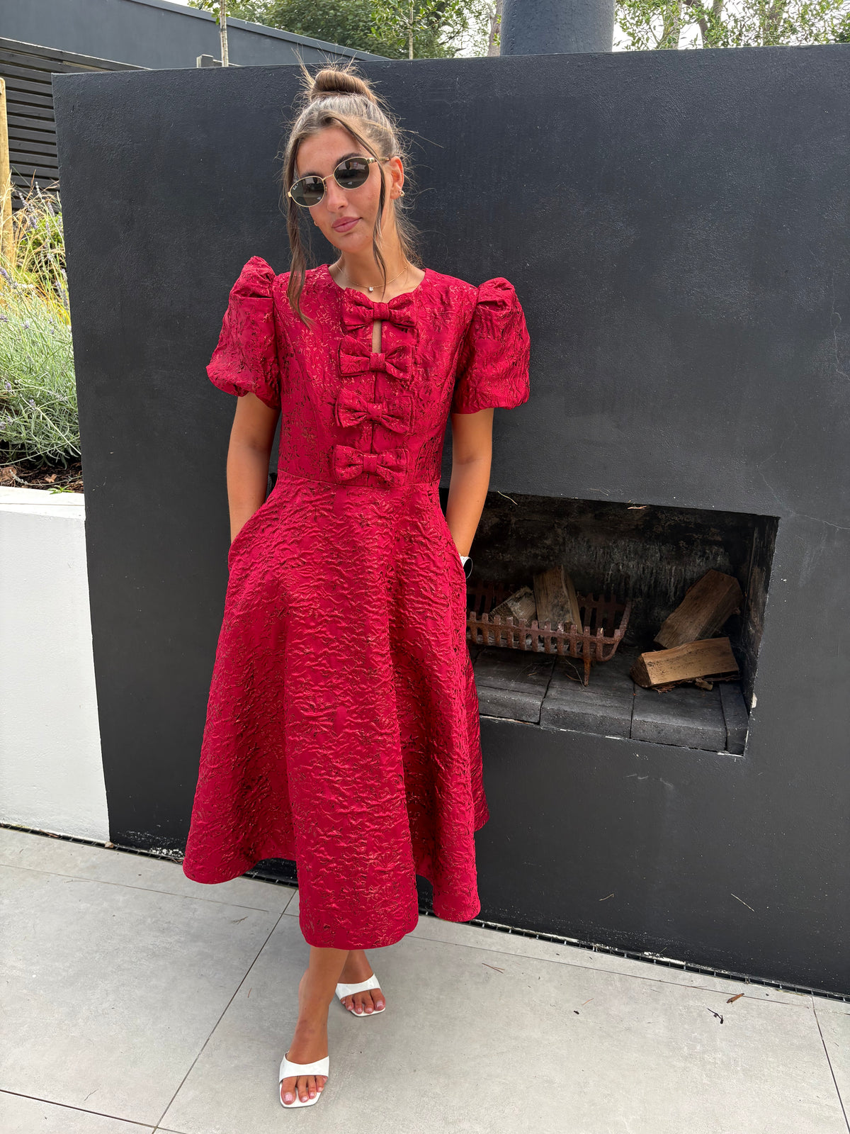 EMMY BURGANDY JACQUARD BOW DRESS