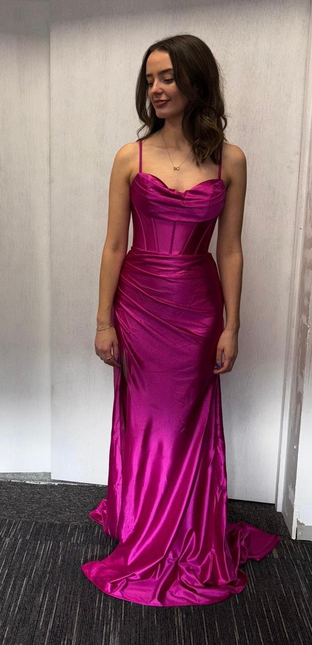PINK SATIN CORSET GOWN WITH SLIT