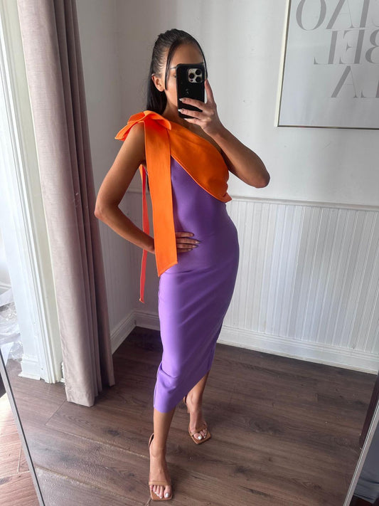 ORANGE DRAPED BOW & PURPLE  BANDAGE DRESS