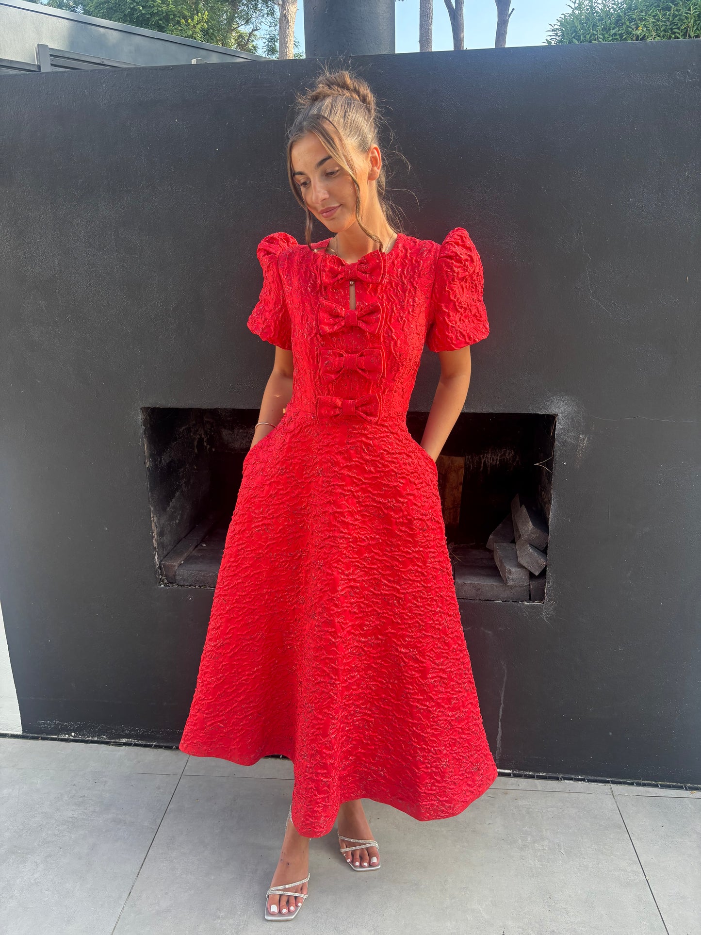 EMMY RED JACQUARD BOW DRESS- PRE ORDER MID SEPTEMBER