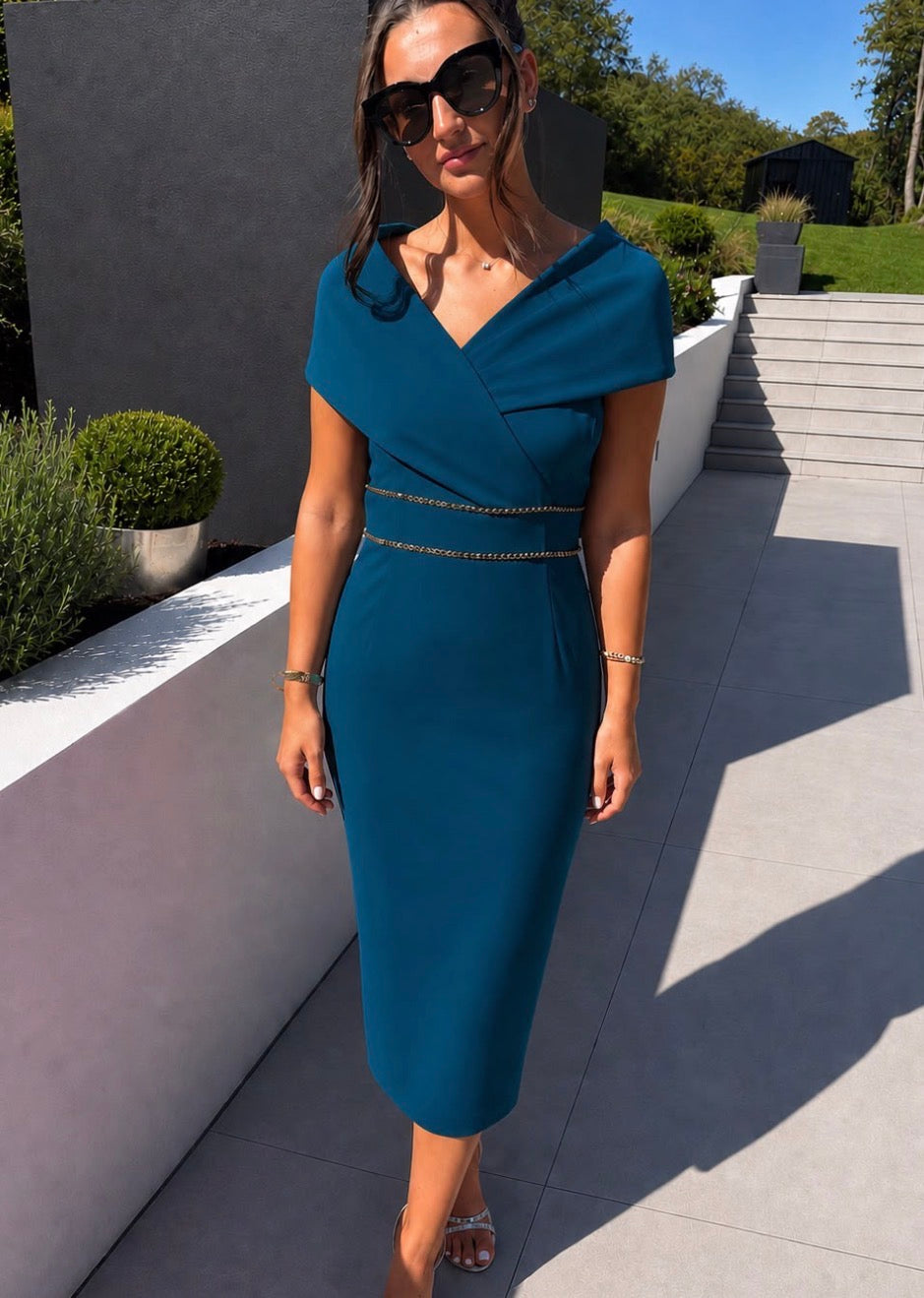 Sienna Teal Blue Fitted Wedding Guest Dress with Tie Back