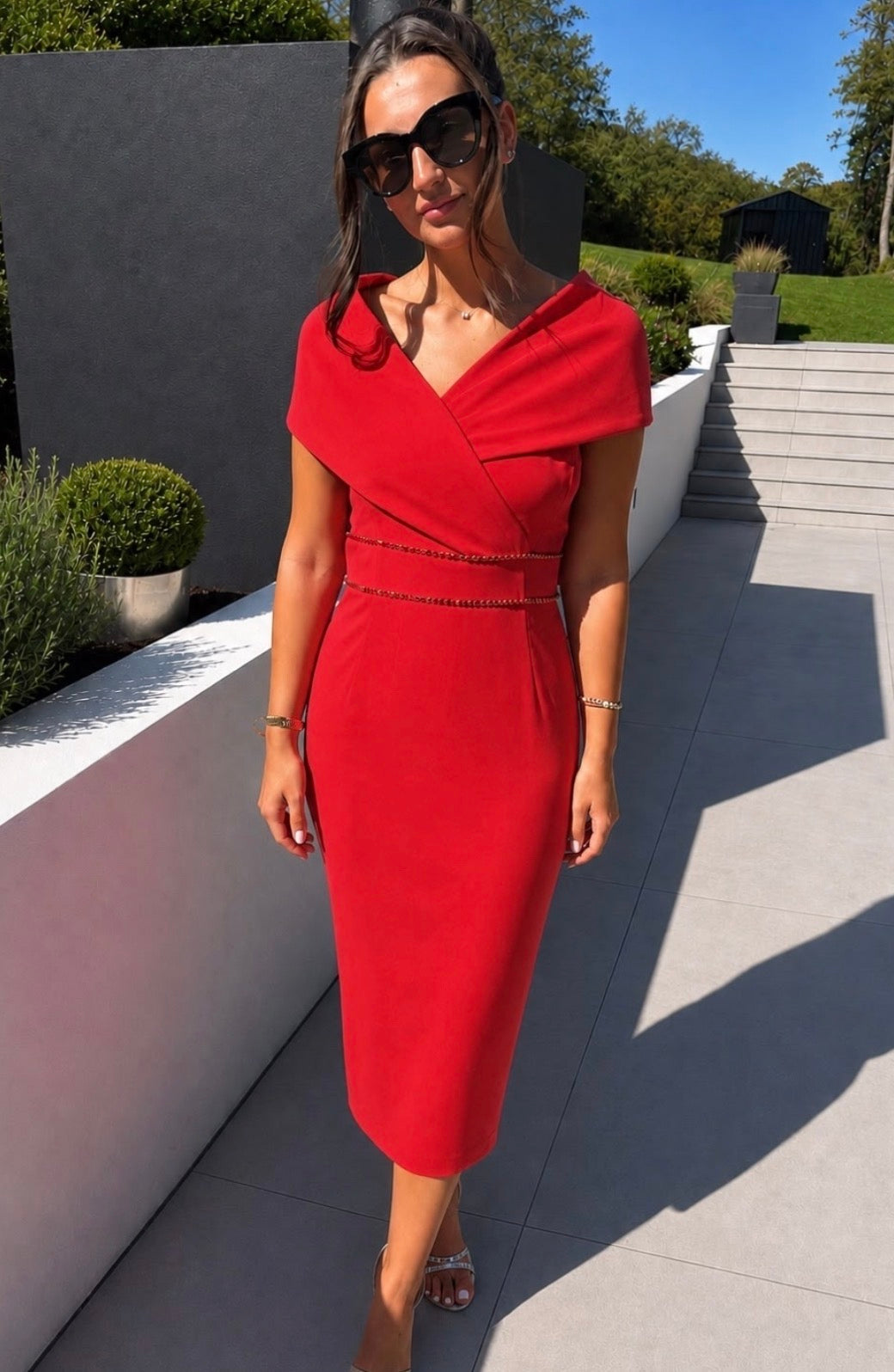 Sienna Red Fitted Wedding Guest Dress with Tie Back