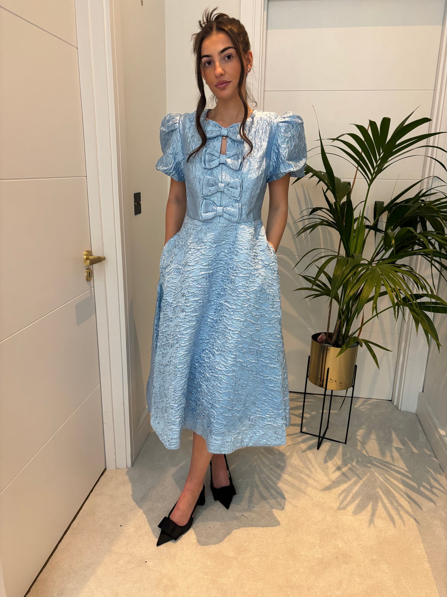 EMMY LIGHT BLUE JACQUARD BOW DRESS