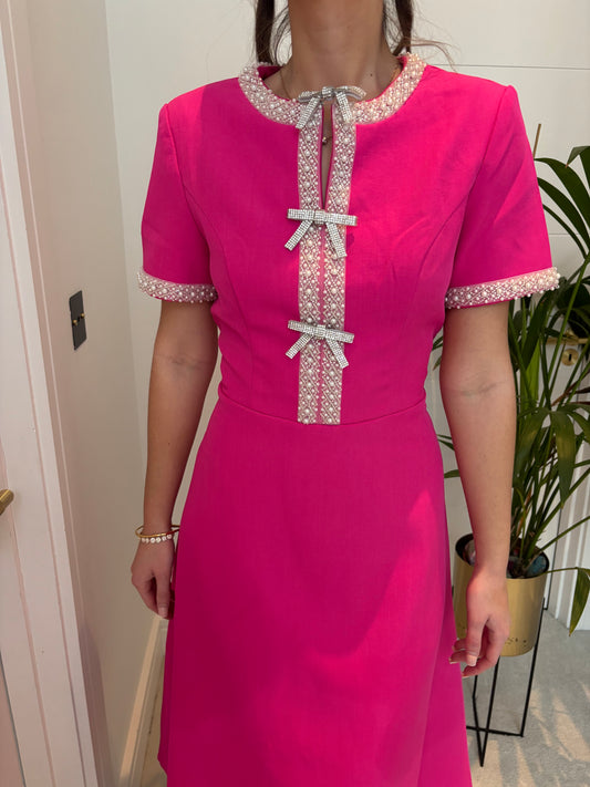 RAYA BRIGHT PINK PEARL AND DIAMONTE DETAIL DRESS