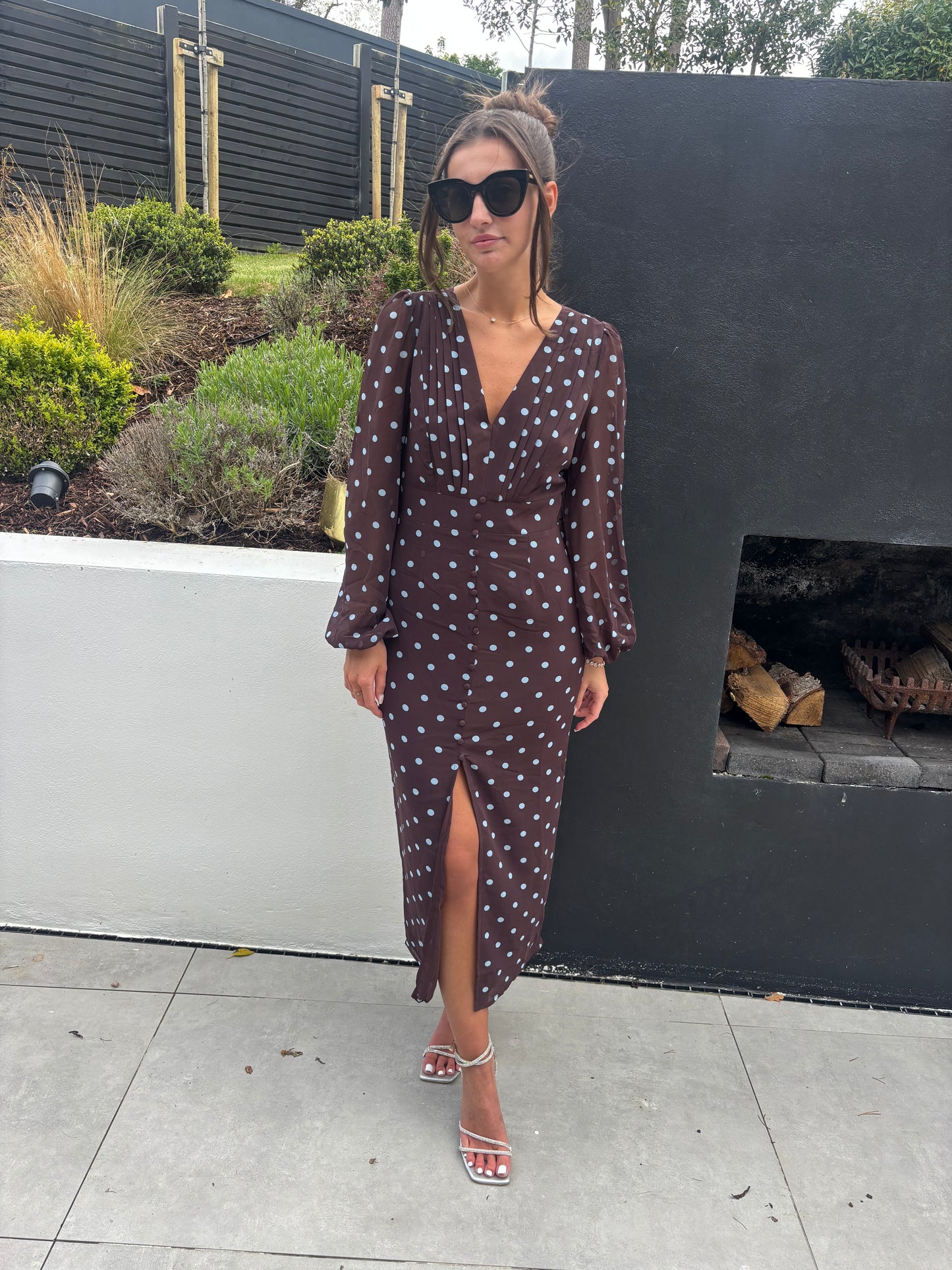 MIMI DRESS BROWN AND BLUE POLKA DOT
