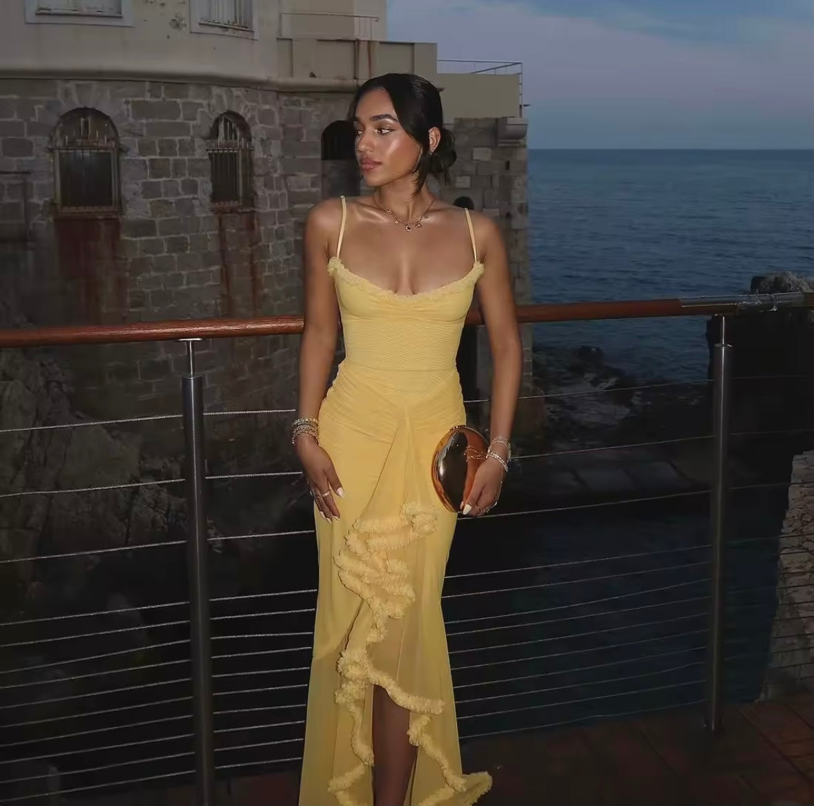YELLOW RUFFLE MESH DRESS