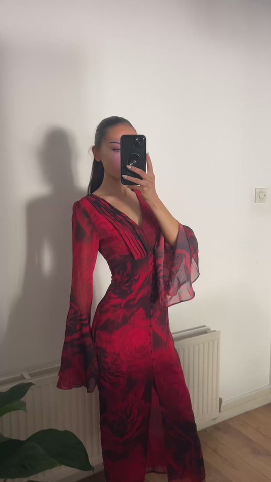 MIMI DRESS RED FLORAL WITH FLARE SLEEVE