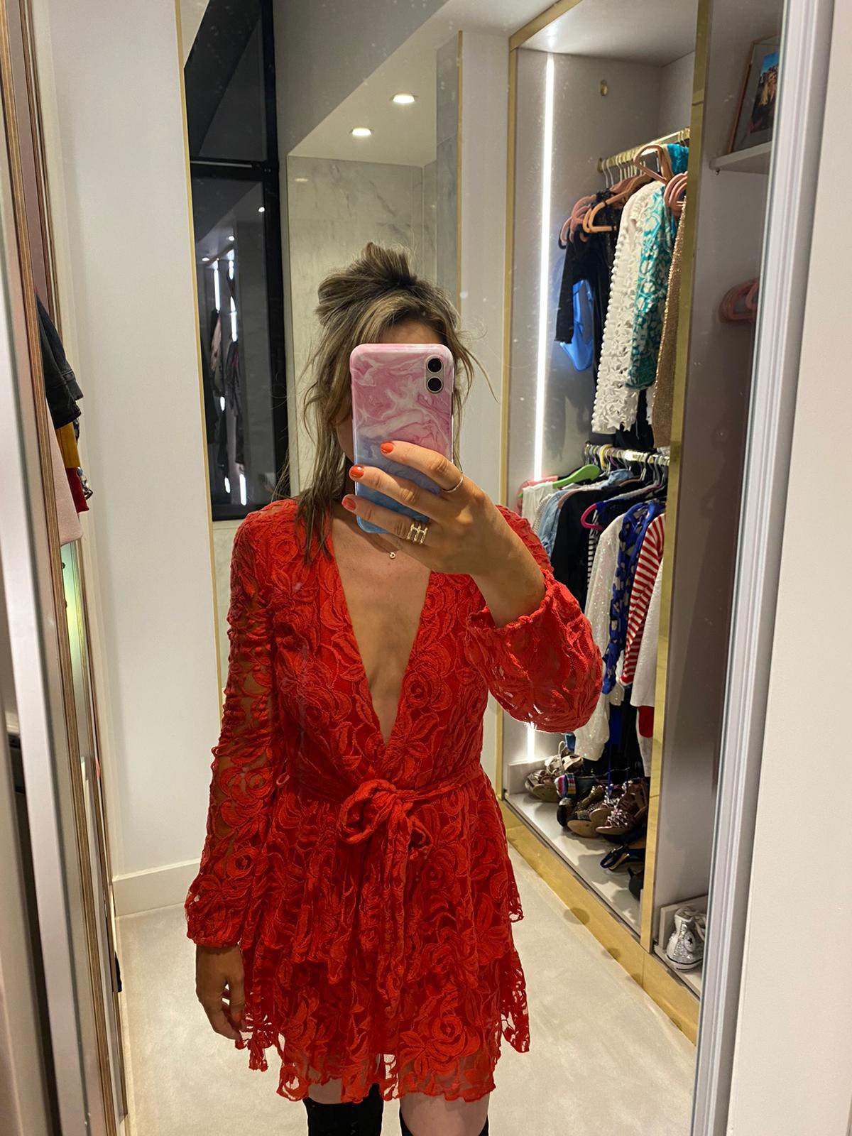 RED LACE SKATER DRESS