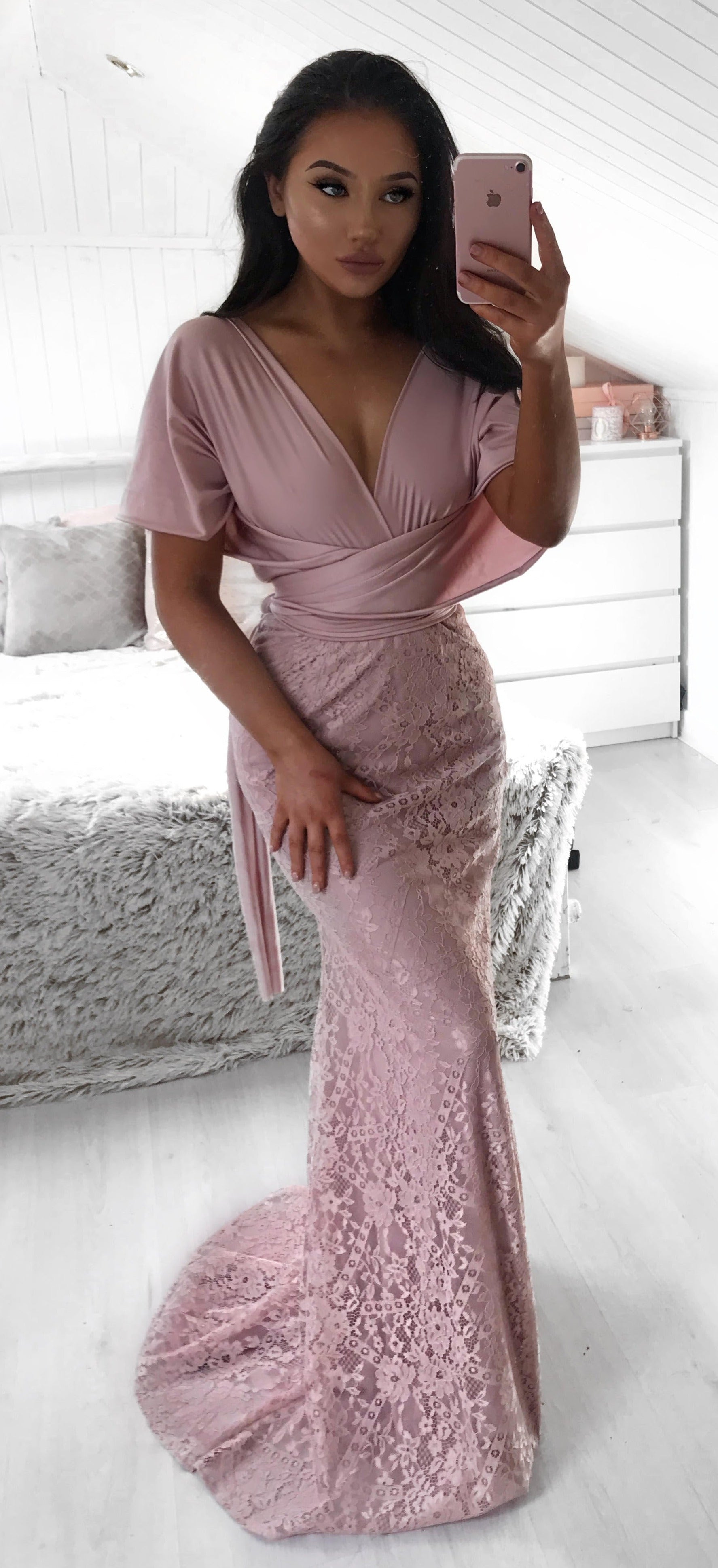 MONTAIGNE PINK DUSTY WRAP LACE GOWN bridesmaid dress