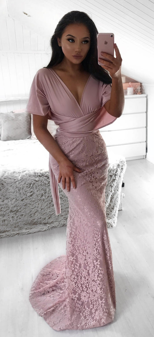 MONTAIGNE PINK DUSTY WRAP LACE GOWN bridesmaid dress