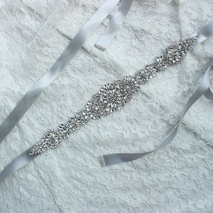 RIBBON BELT WITH DIAMANTE DETAIL PALE GREY