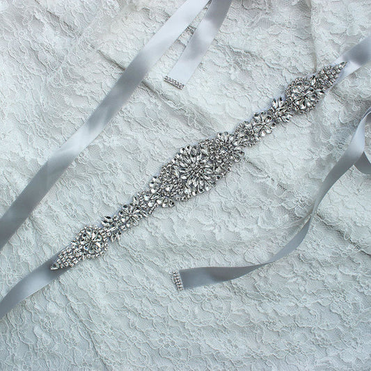 RIBBON BELT WITH DIAMANTE DETAIL PALE GREY