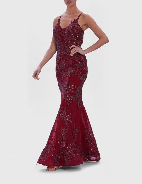 BURGUNDY RED EMBELLISHED FISHTAIL MAXI - FOREVER UNIQUE