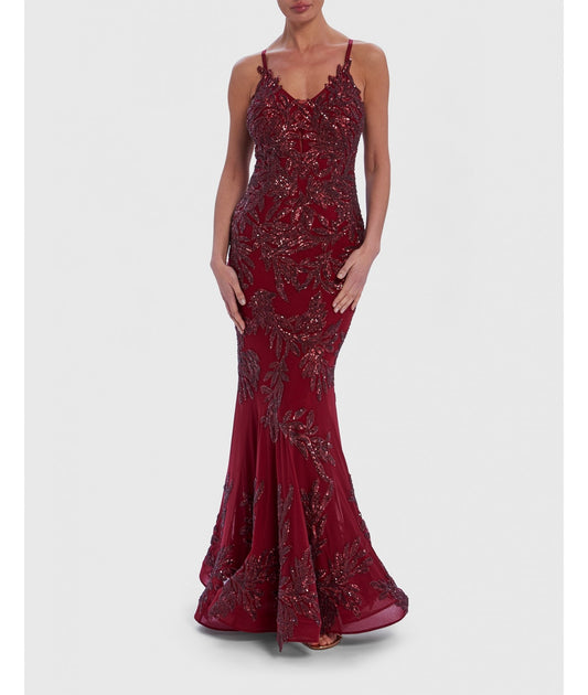 BURGUNDY RED EMBELLISHED FISHTAIL MAXI - FOREVER UNIQUE