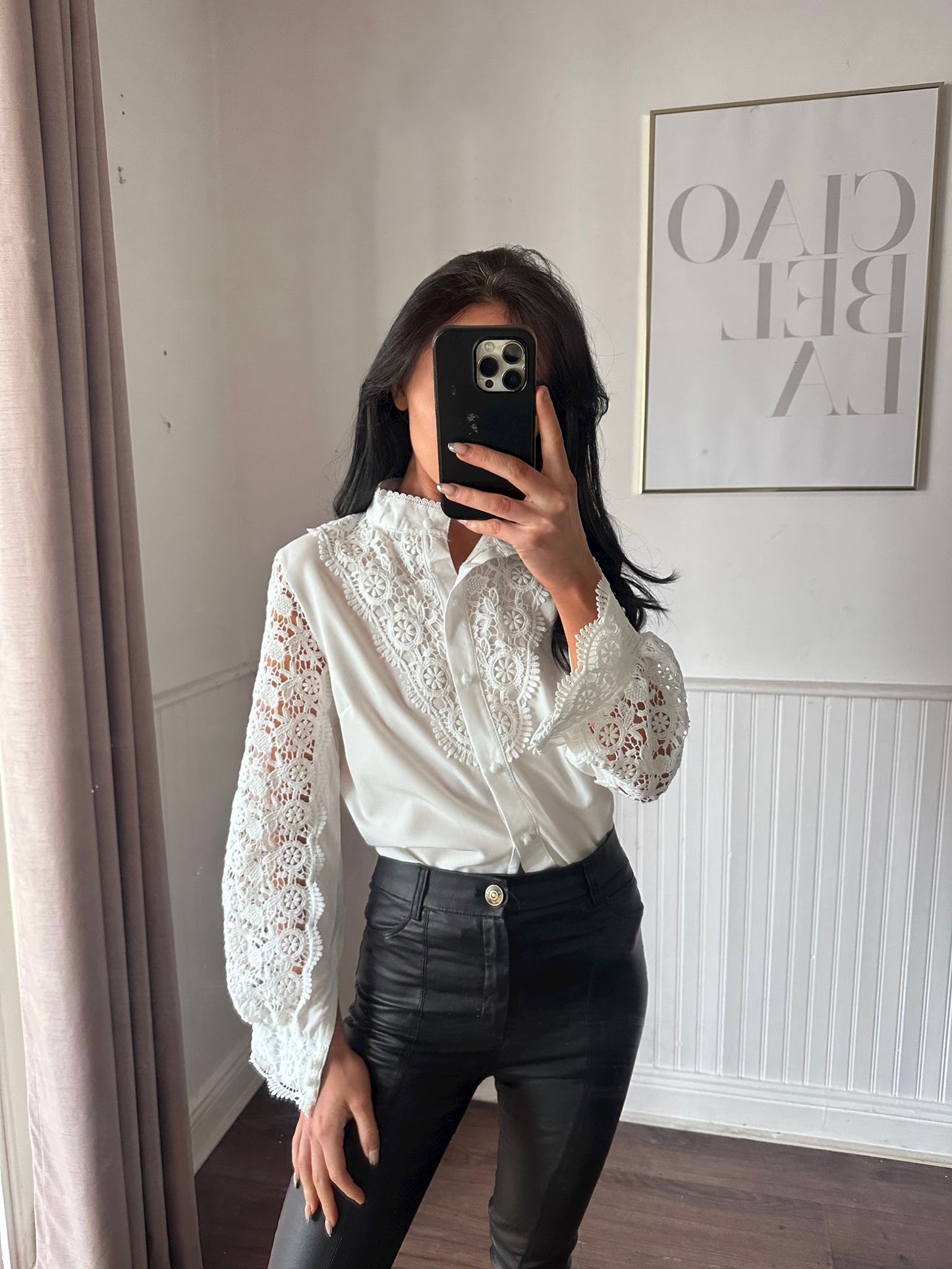 WHITE CUT OUT LACE DETAIL BUTTON UP SHIRT