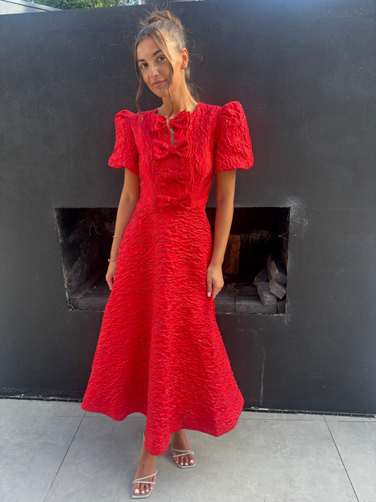 EMMY RED JACQUARD BOW DRESS- PRE ORDER MID SEPTEMBER