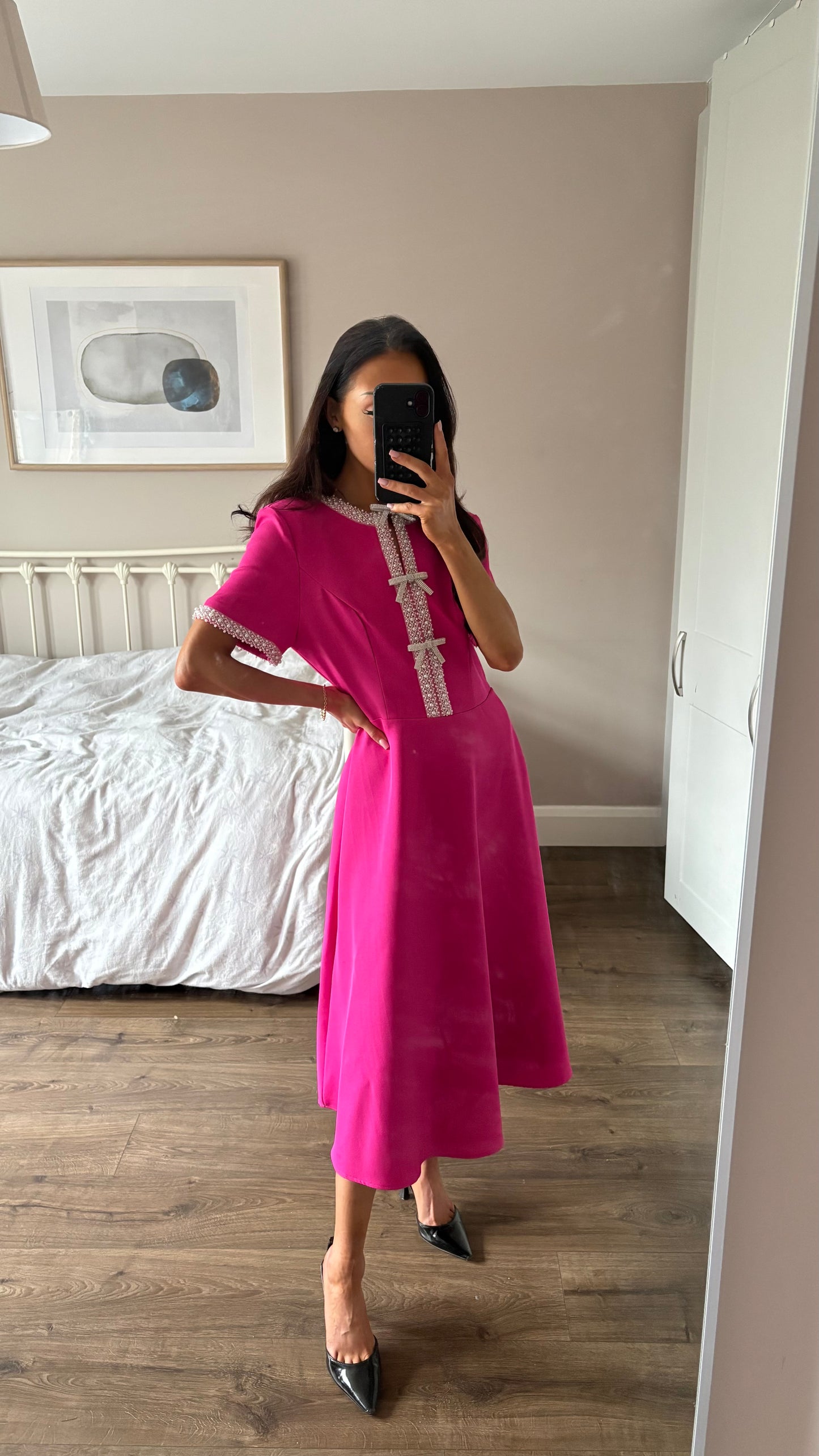 RAYA BRIGHT PINK PEARL AND DIAMONTE DETAIL DRESS