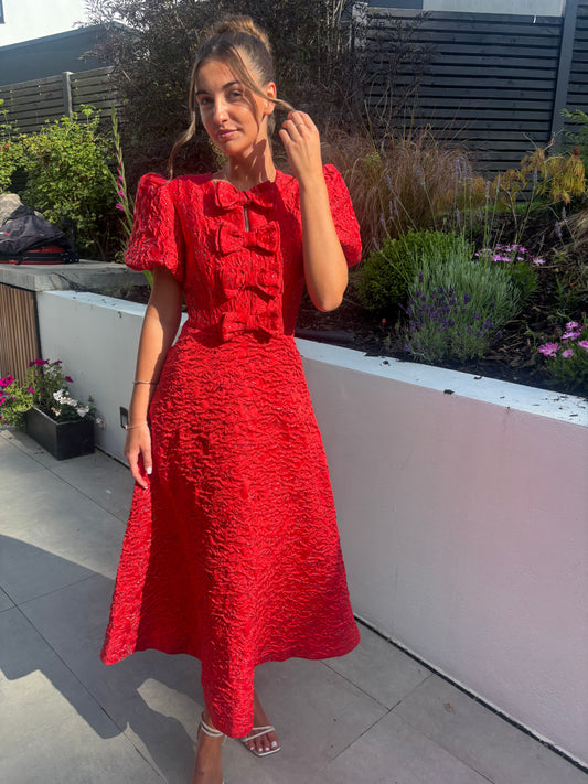 EMMY RED JACQUARD BOW DRESS- PRE ORDER MID SEPTEMBER