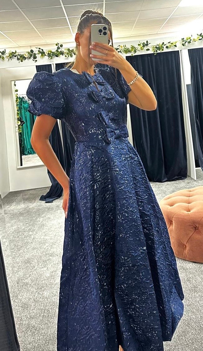 EMMY NAVY JACQUARD BOW DRESS