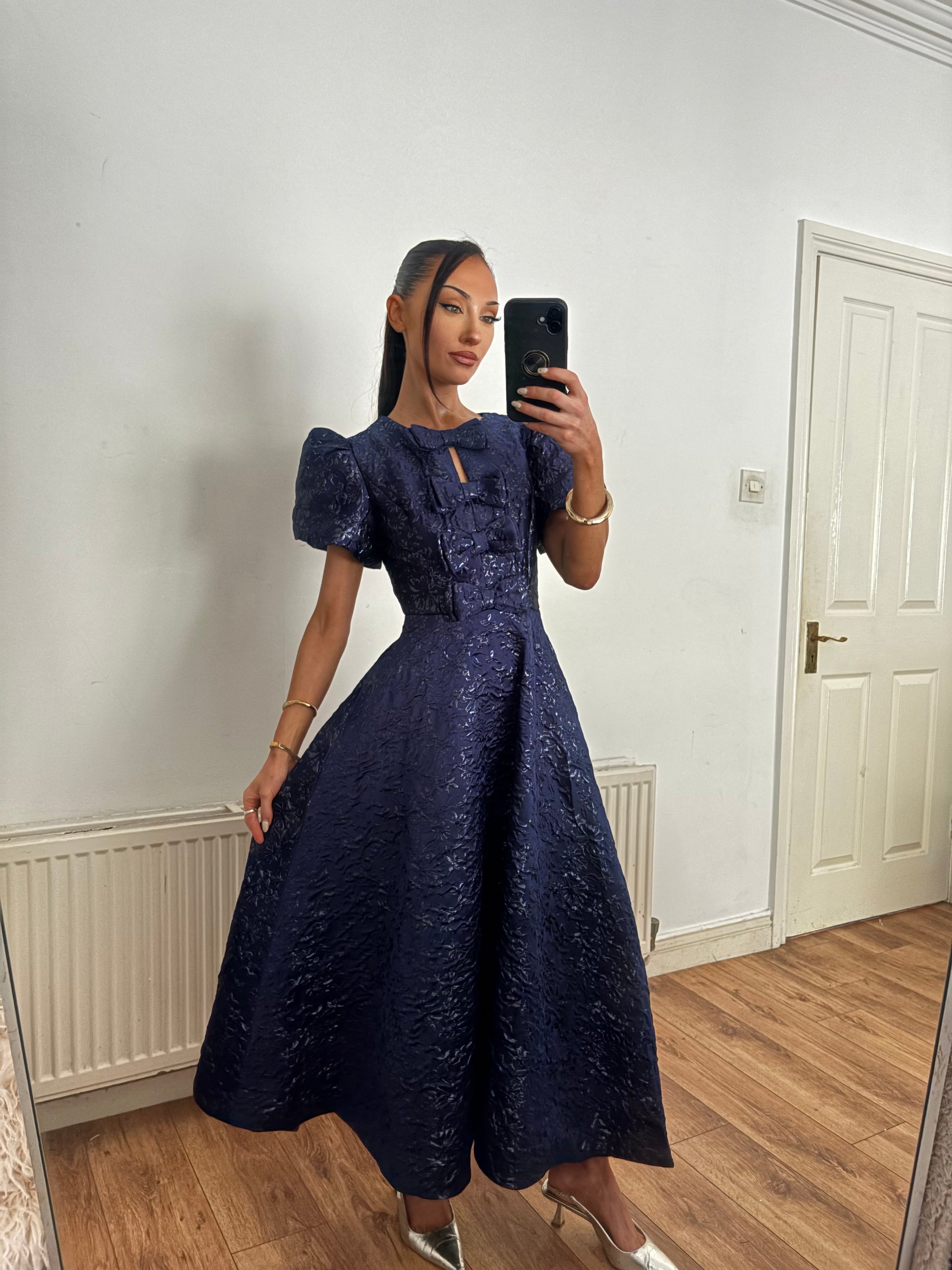 EMMY NAVY JACQUARD BOW DRESS – Starla Boutique