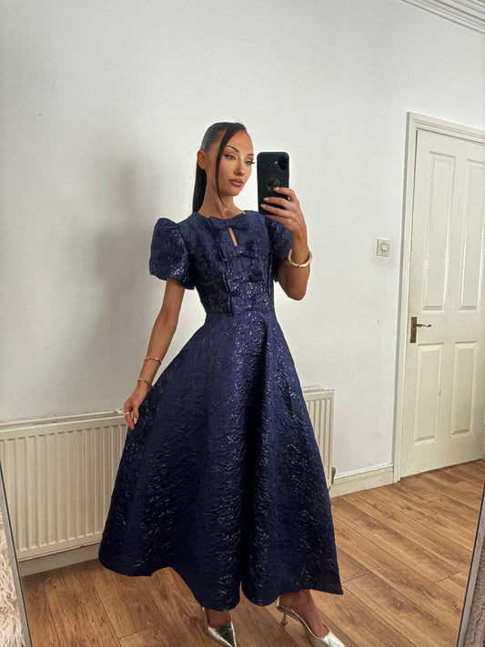 EMMY NAVY JACQUARD BOW DRESS