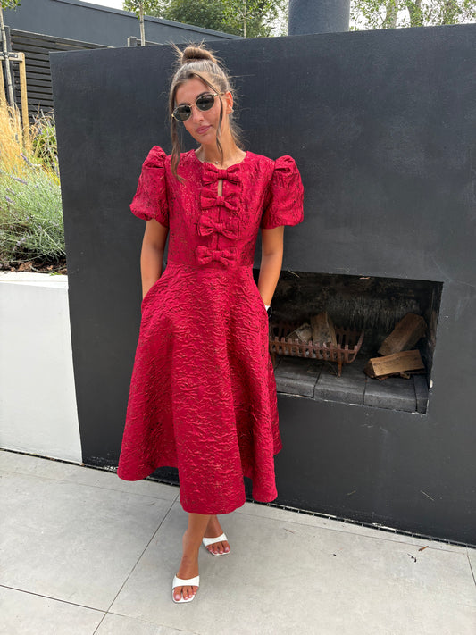 EMMY BURGANDY JACQUARD BOW DRESS