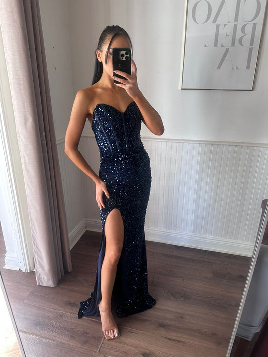 NAVY SEQUIN BODICE GOWN WITH SLIT