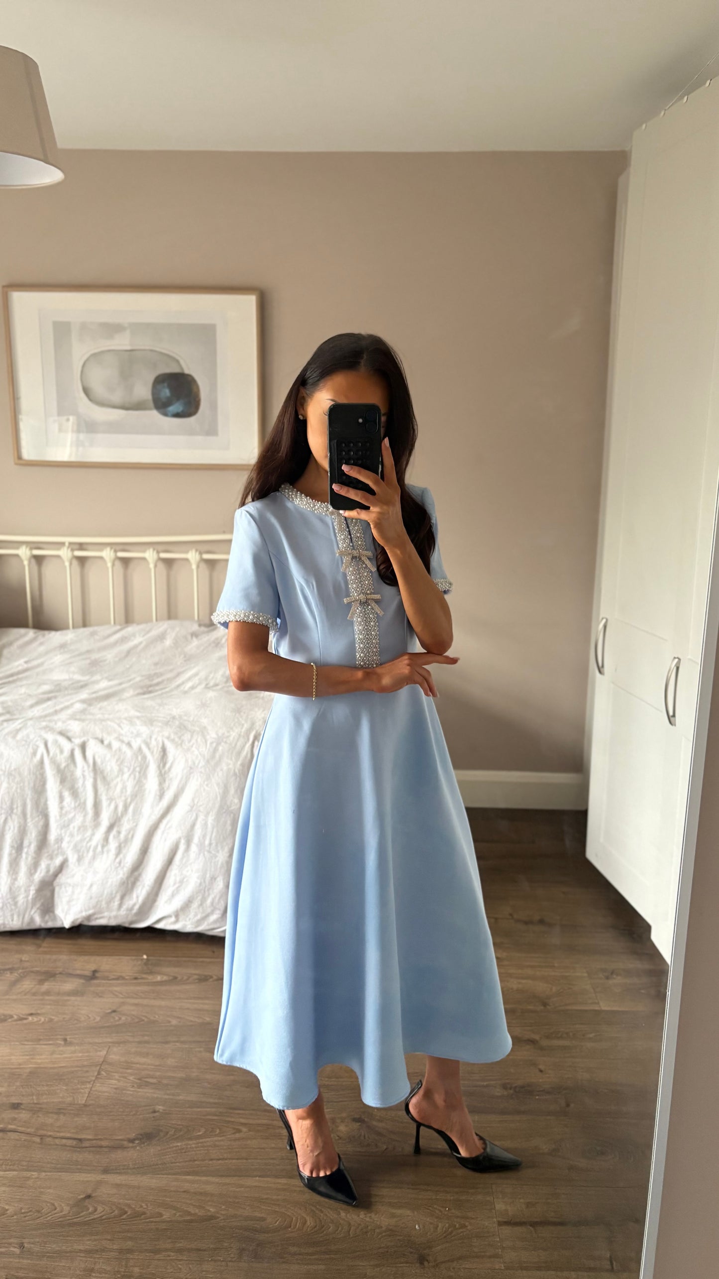 RAYA LIGHT BLUE PEARL AND DIAMONTE DETAIL DRESS