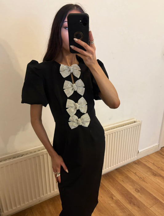BLACK DRESS WITH DIAMONTE BOW DETAIL