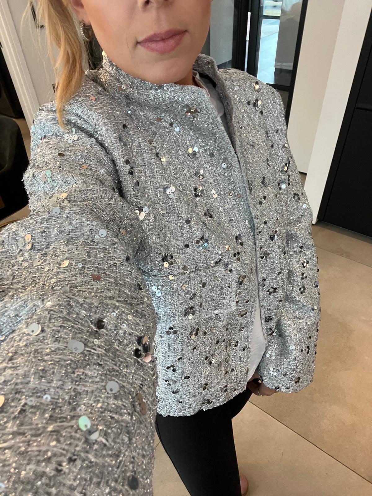 SILVER SEQUIN BOMBER COAT