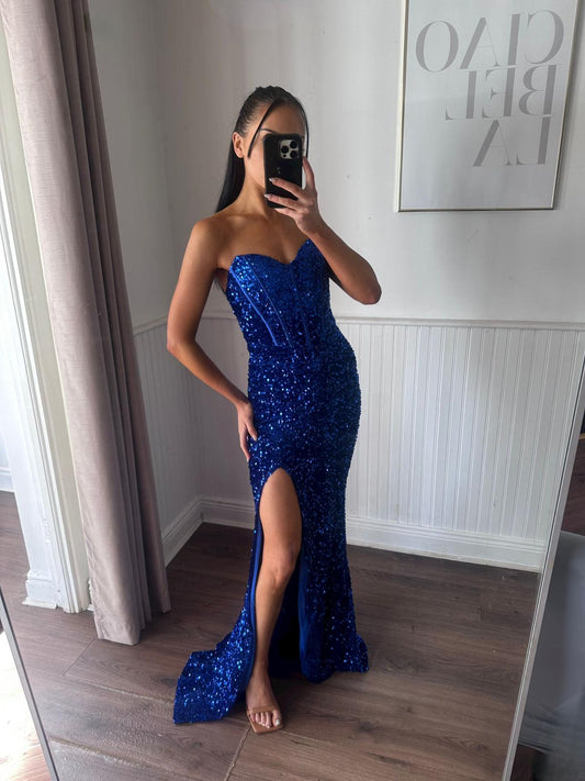 ROYAL BLUE SEQUIN BODICE GOWN WITH SLIT