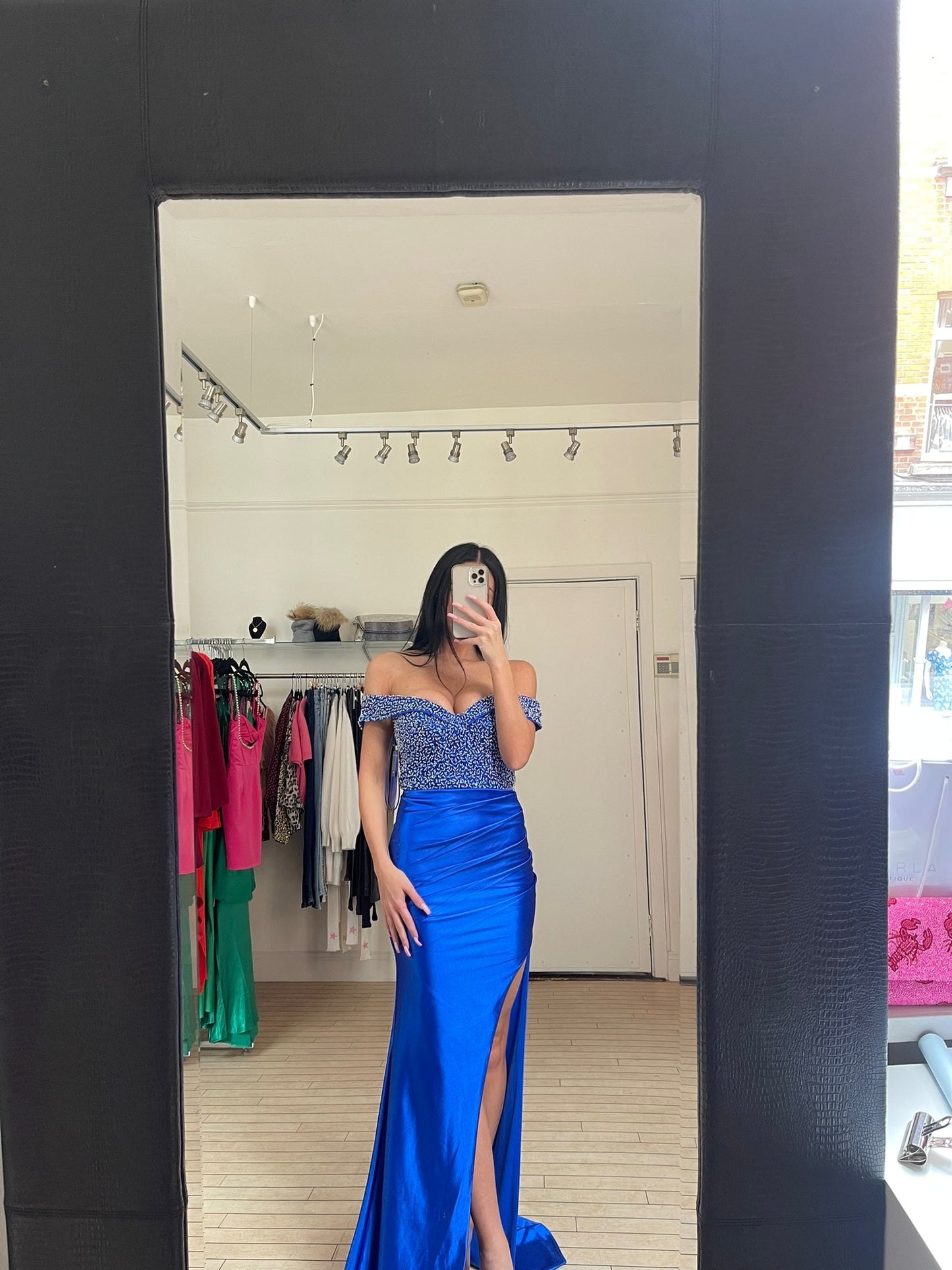 BLUE BARDOT GOWN WITH EMBESSLISHED BODICE