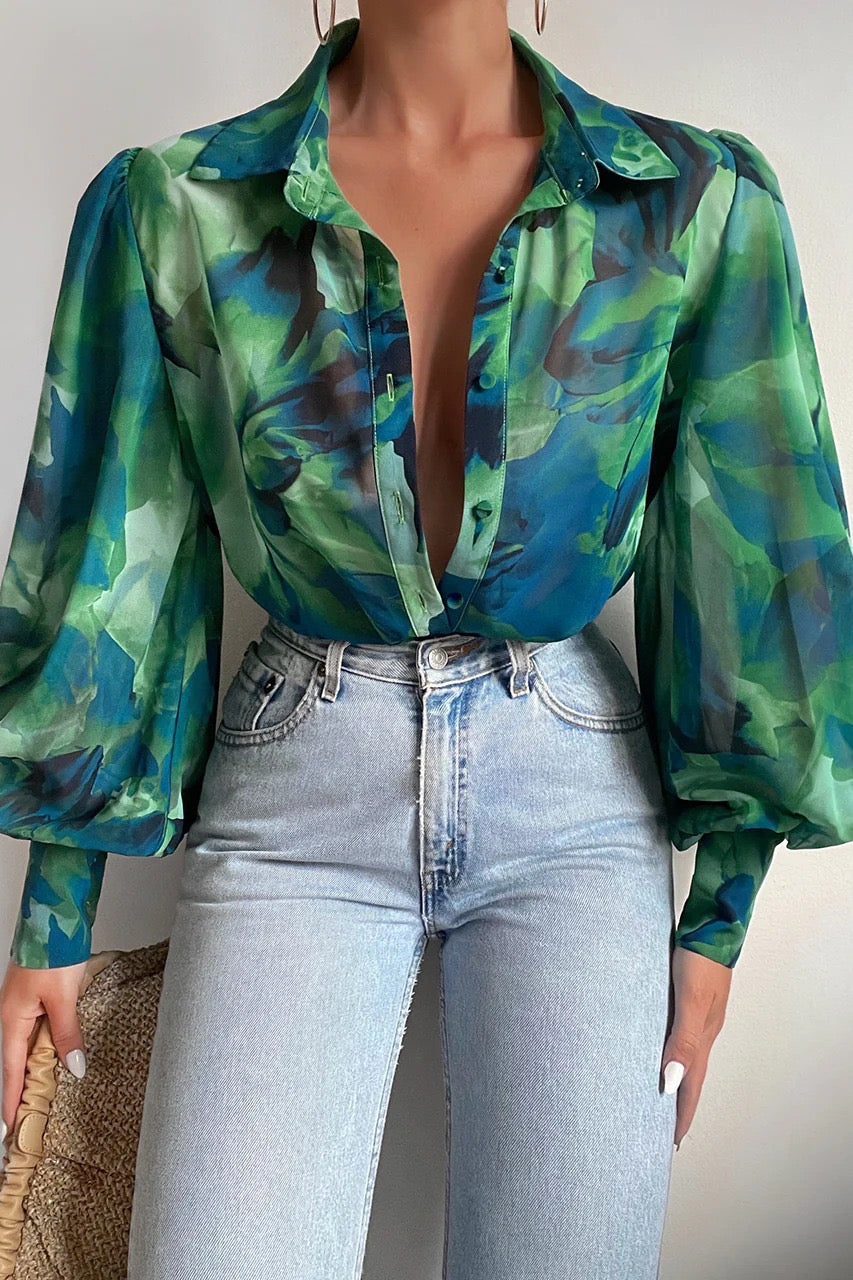 HARLOW SHIRT- GREEN LEAF PRINT