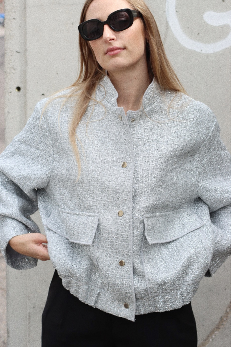 SILVER SEQUIN BOMBER COAT