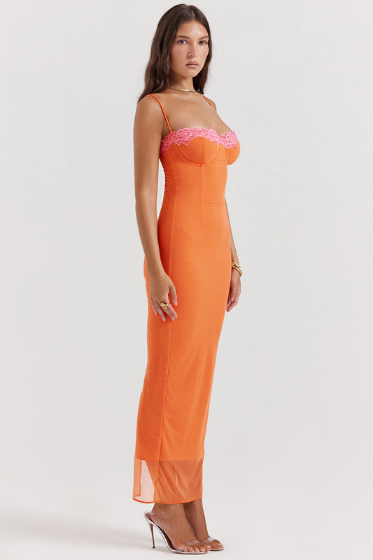 ORANGE MESH DRESS WITH PINK LACE TRIM