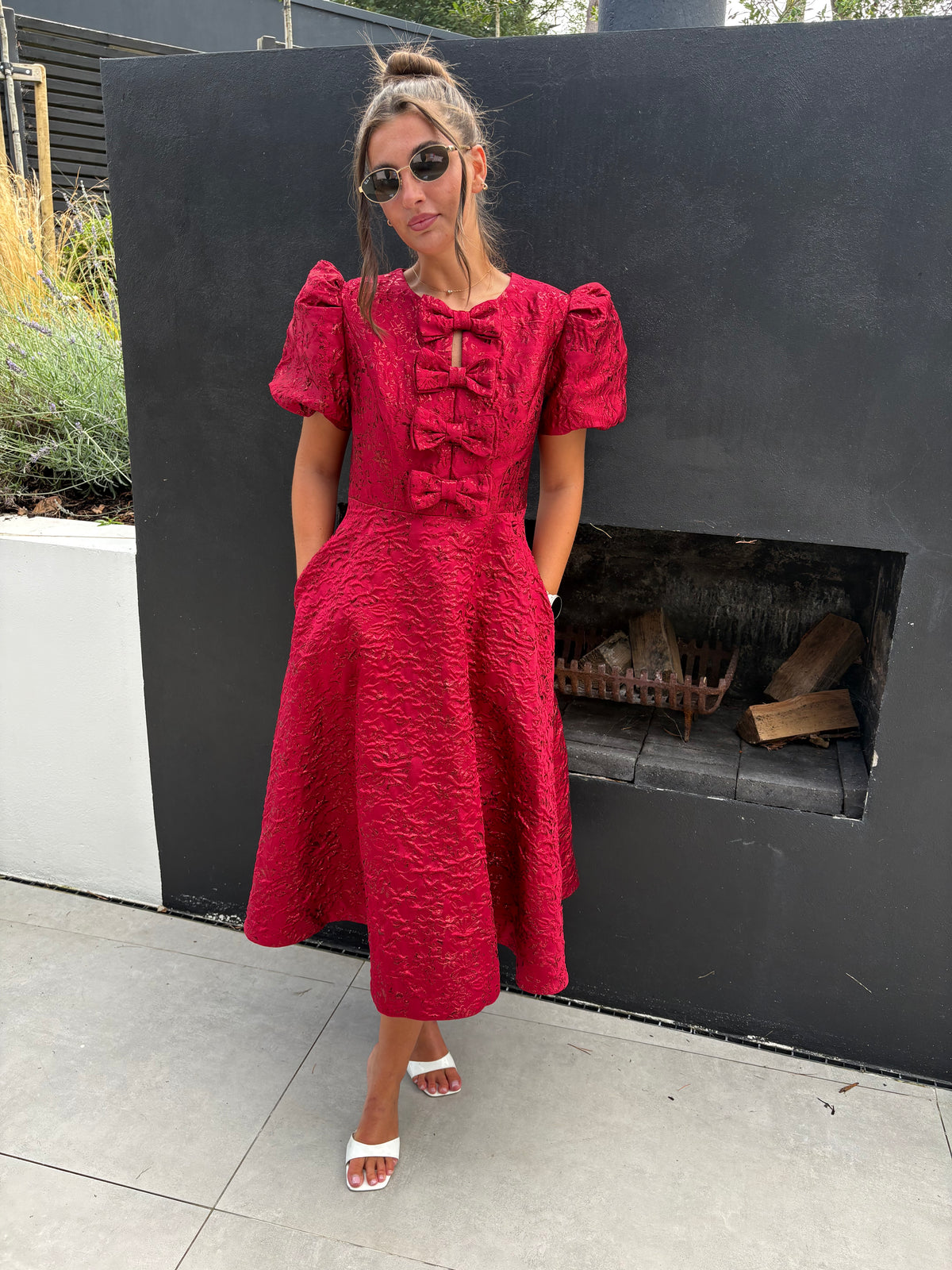 EMMY BURGANDY JACQUARD BOW DRESS