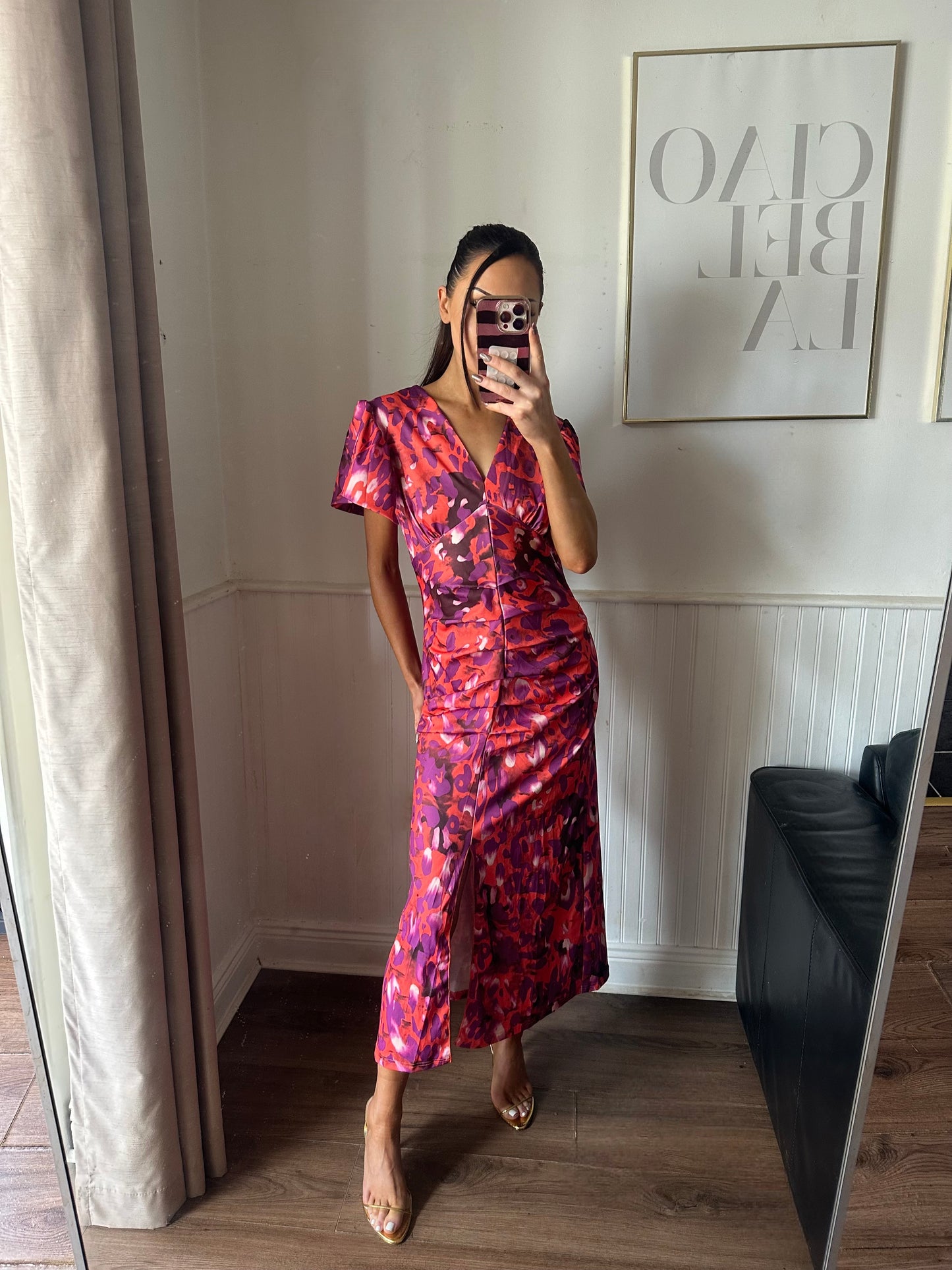ORGANGE AND PURPLE RUCHED DRESS