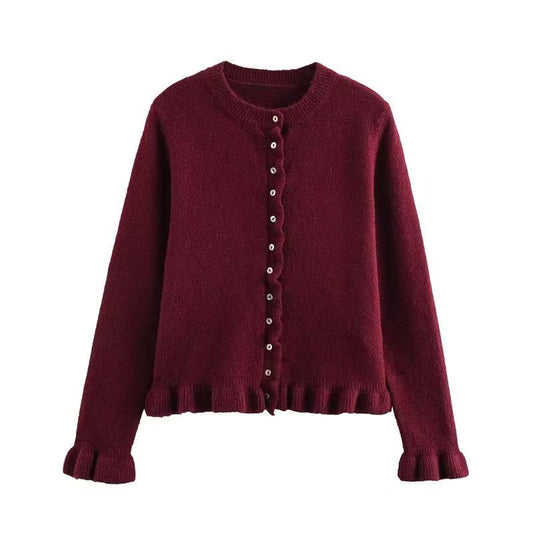 FRILL CARDIGAN BURGANDY