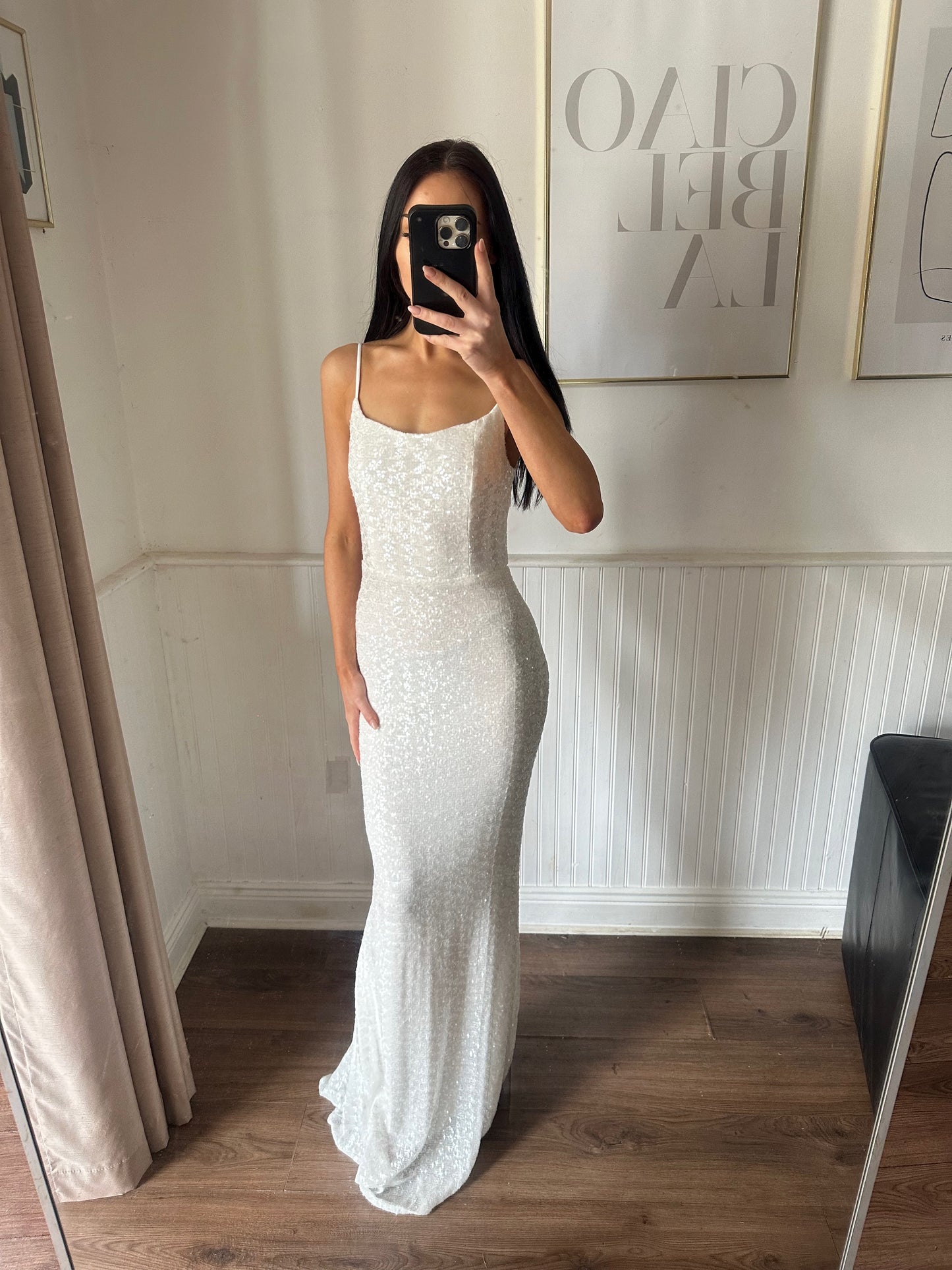 LOLA WHITE FITTED SEQUIN GOWN