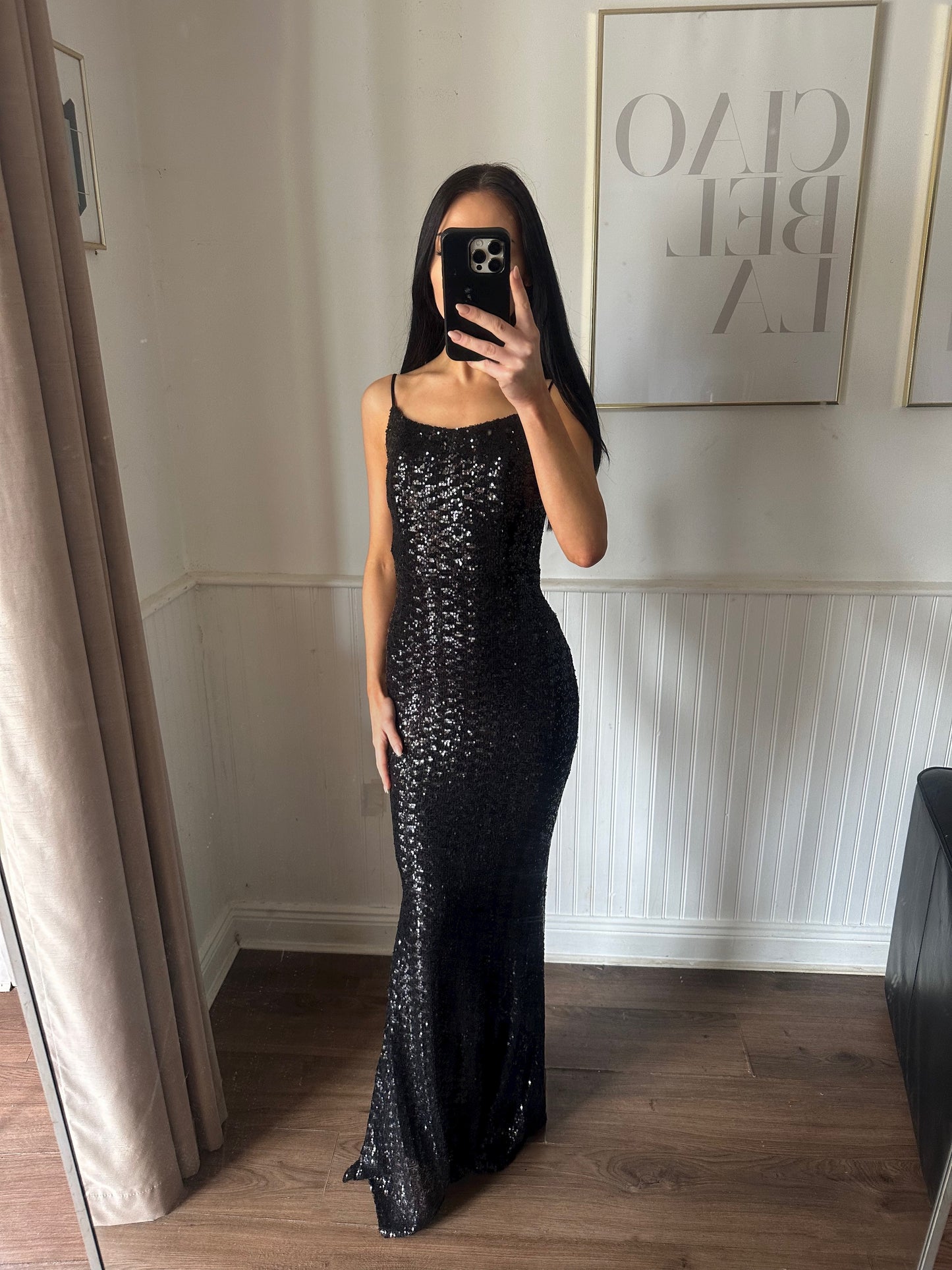 LOLA BLACK FITTED SEQUIN GOWN