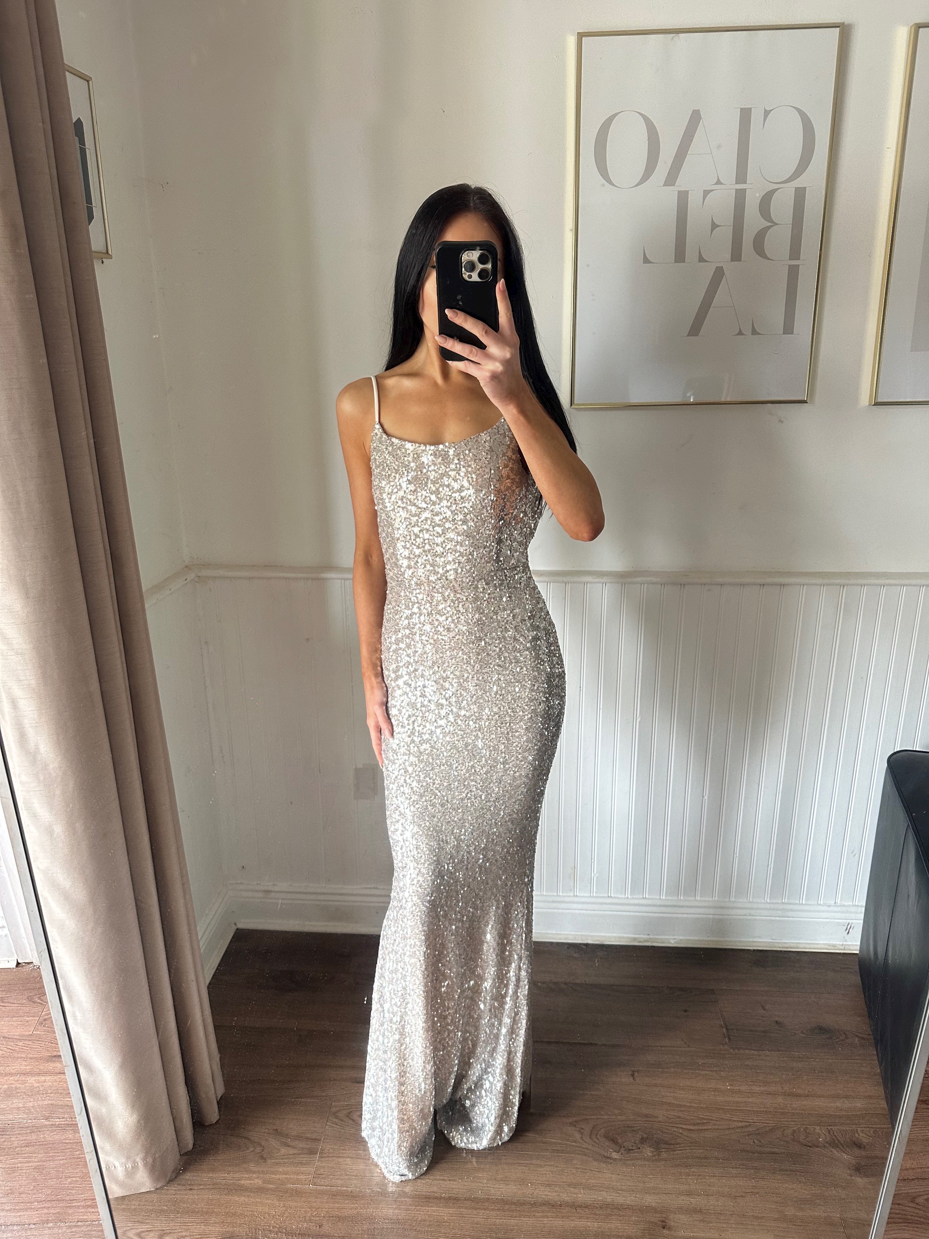 LOLA SILVER FITTED SEQUIN GOWN