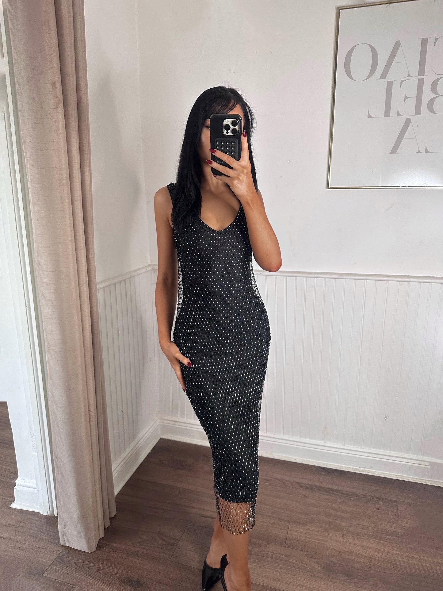 GISELLE IRIDESCENT BLACK MIDI DRESS