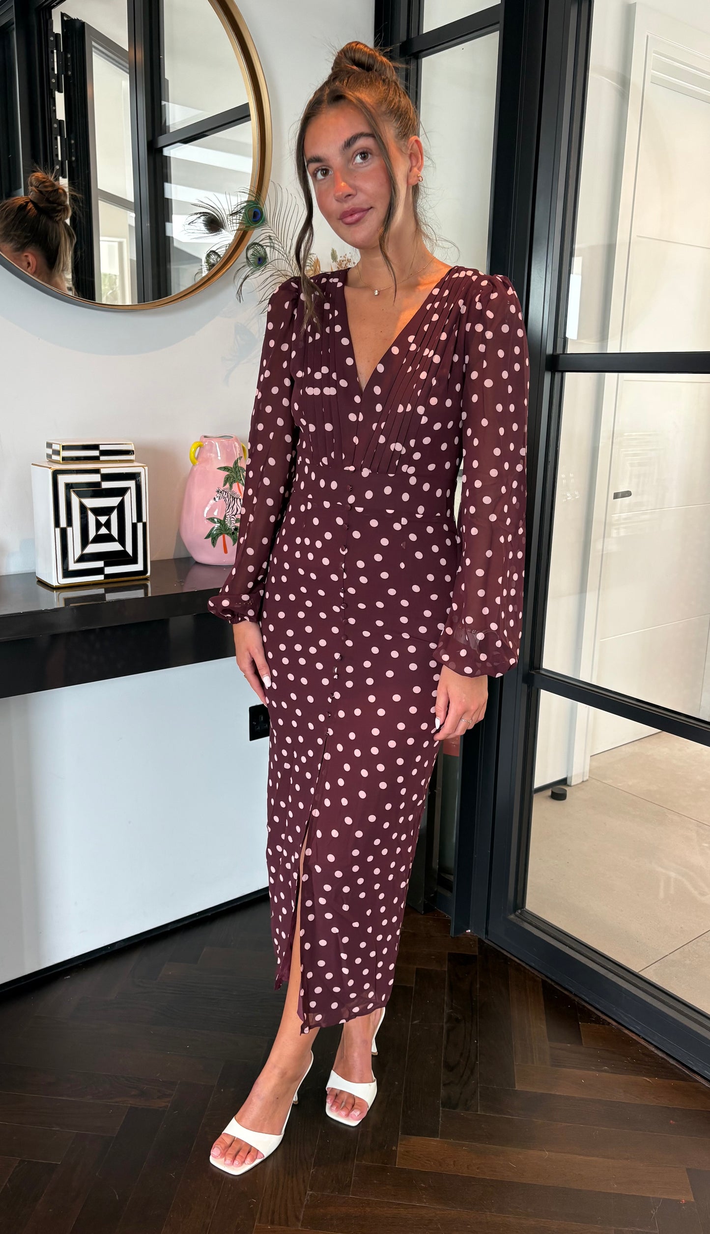 MIMI DRESS BURGANDY AND PINK POLKA DOT