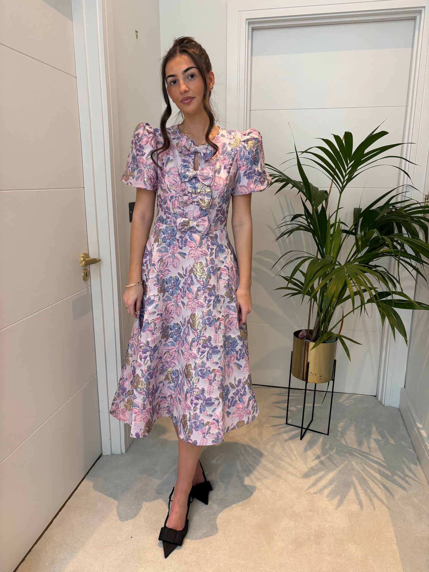 EMMY  SPRING FLORAL JACQUARD BOW DRESS